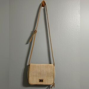 Tan Crossbody Bag with Leather Trim and Flap Closure